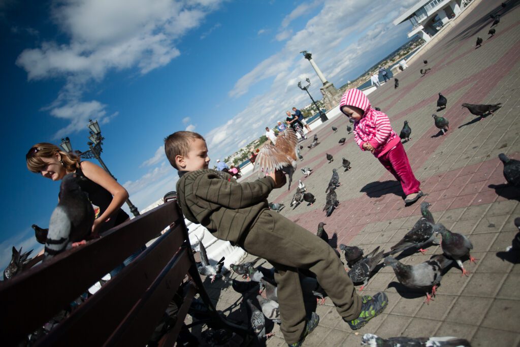 Pigeons with children in Sevastopol, Crimea, Ukraine
